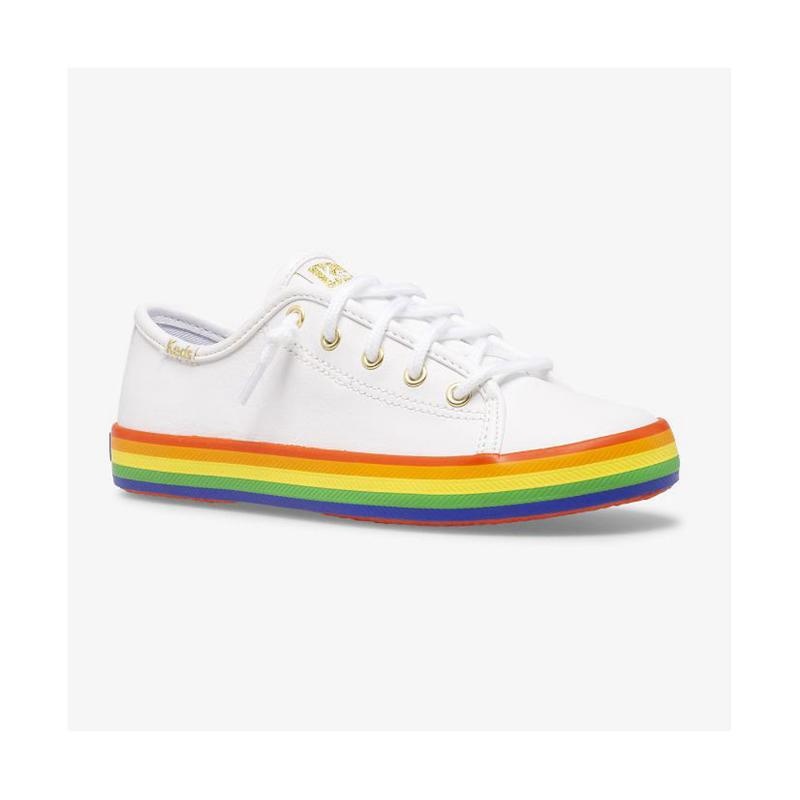 Keds Big Kid's Kickstart Nahkaiset Slip On Lasten Sneaker White/Rainbow | BMCG47369