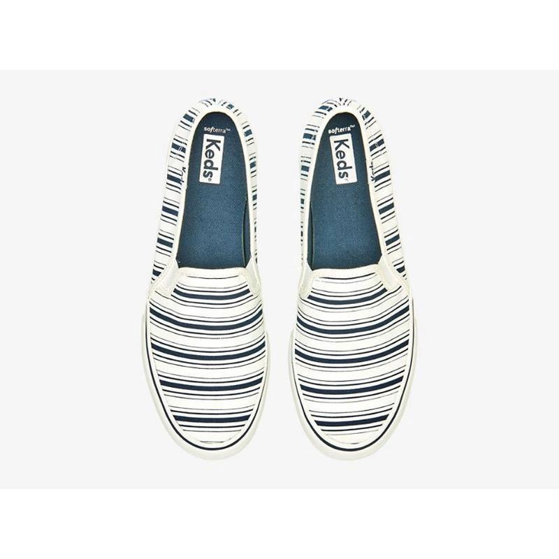 Keds Double Decker Canvas Stripe Naisten Mokkasiinit Valkoinen Laivastonsininen | HJGS64318