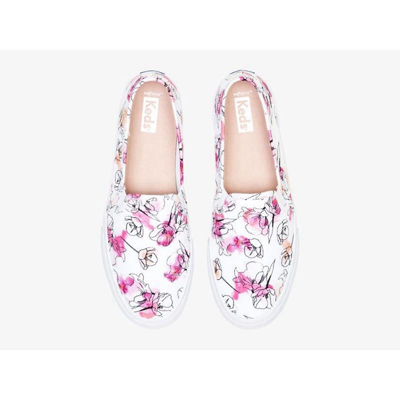 Keds Double Decker Canvas Watercolor Floral Print Naisten Mokkasiinit Valkoinen Pinkki | THRG43125