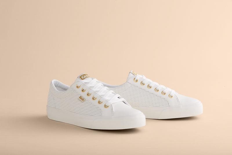 Keds Jump Kick Perforated Nahkaiset Naisten Leather Sneakers White/Gold | CWTA10734