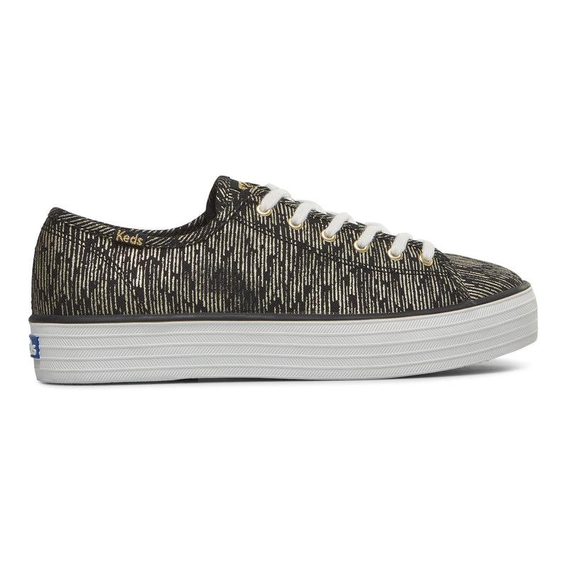 Keds Triple Kick Canvas Lines Print Naisten Platform Sneakers Black/Gold | BXAL68472