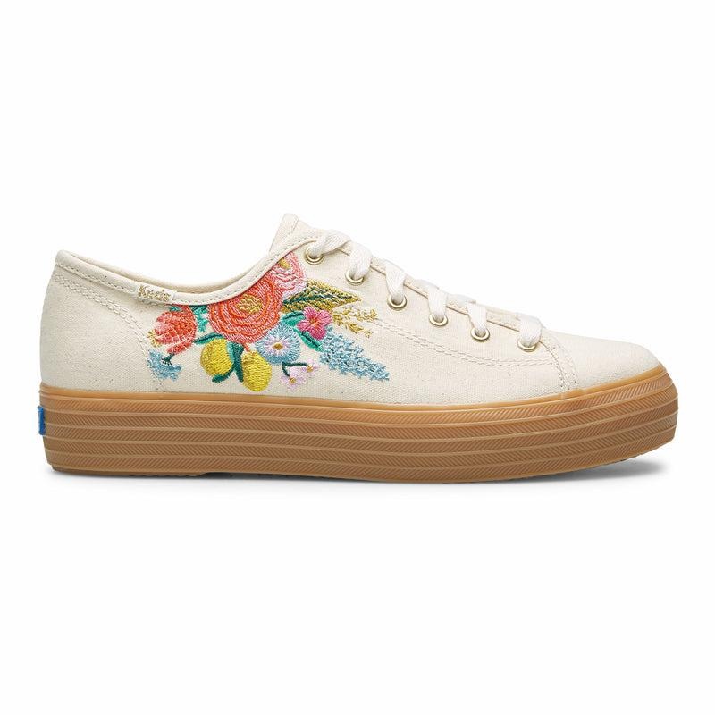 Keds Triple Kick Rifle Paper Co. Embroidered Garden Party Linen Naisten Prints Valkoinen | QVHW43928